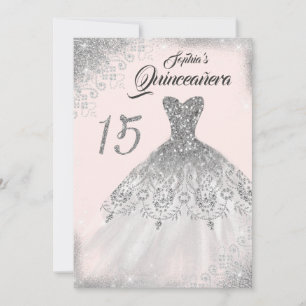 Rose Gold Silver Lace Diamond Gown Quinceanera Invitation