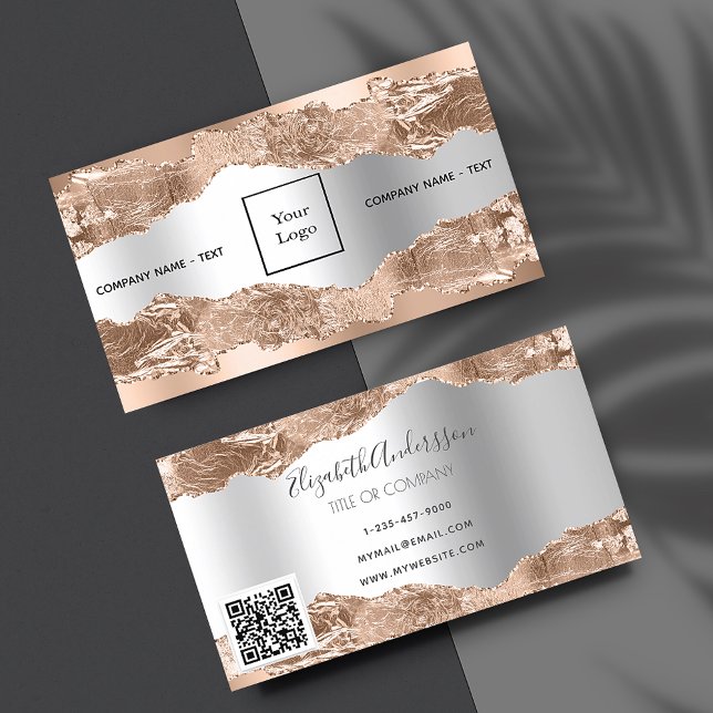 Rose gold silver metal agate marble logo QR code Business Card (Creator Uploaded)