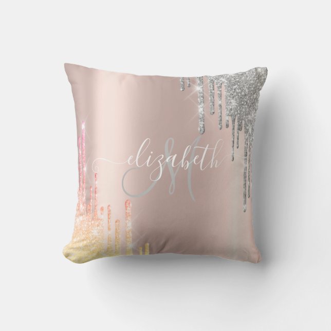  Rose Gold,Silver Ombre Glitter Drips Monogram  Cushion (Front)