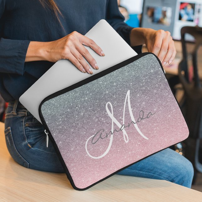 Rose Gold Silver Ombre Monogram Personalise Laptop Sleeve (Creator Uploaded)