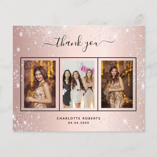 Rose gold silver photo birthday thank you card (Front)