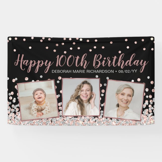 Rose Gold Silver Photo Collage 100th Birthday Banner (Horizontal)