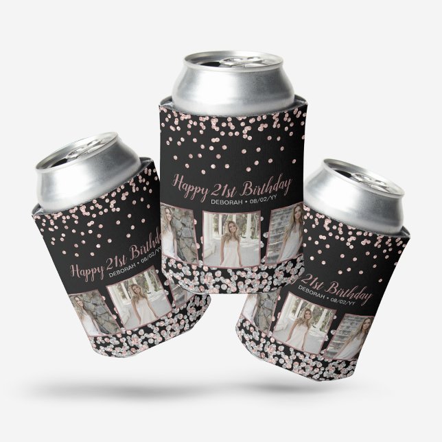 Rose Gold Silver Photo Collage 21st Birthday Can Cooler (Creator Uploaded)
