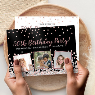Rose Gold Silver Photo Collage 50th Birthday Invitation