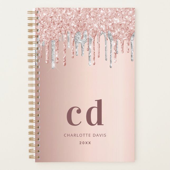 Rose gold silver pink monogram drips planner (Front)