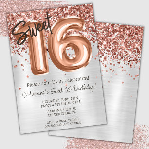 Rose Gold Silver Sweet 16 Birthday Party Invitation