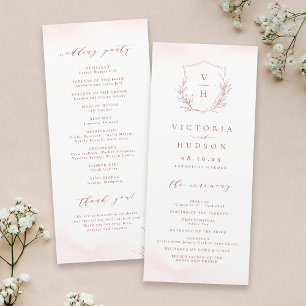 Rose gold simple botanical crest monogram wedding programme