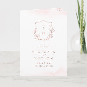 Rose gold simple botanical crest monogram wedding programme