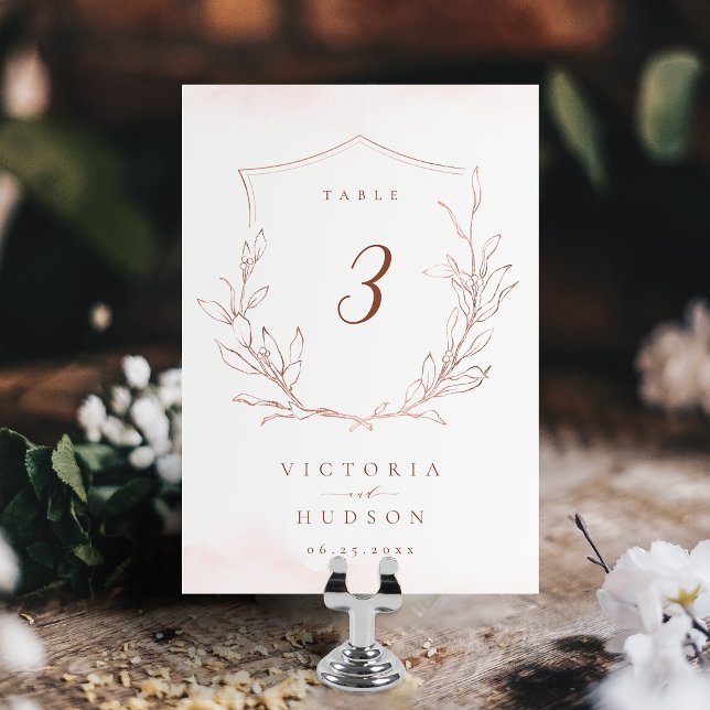 Rose gold simple botanical crest monogram wedding table number (Rose gold simple botanical crest monogram wedding table number)