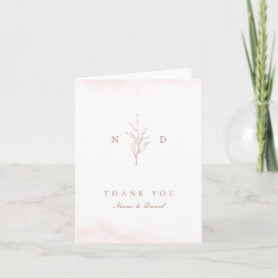 Rose gold simple botanical leaves monogram wedding thank you card