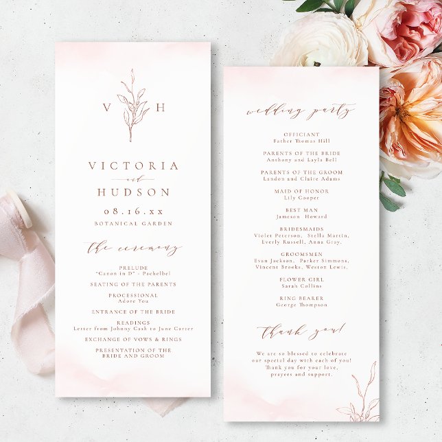 Rose gold simple botanical monogram wedding programme (Rose gold simple botanical monogram wedding program)