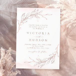 Rose gold simple botanical wreath rustic wedding invitation