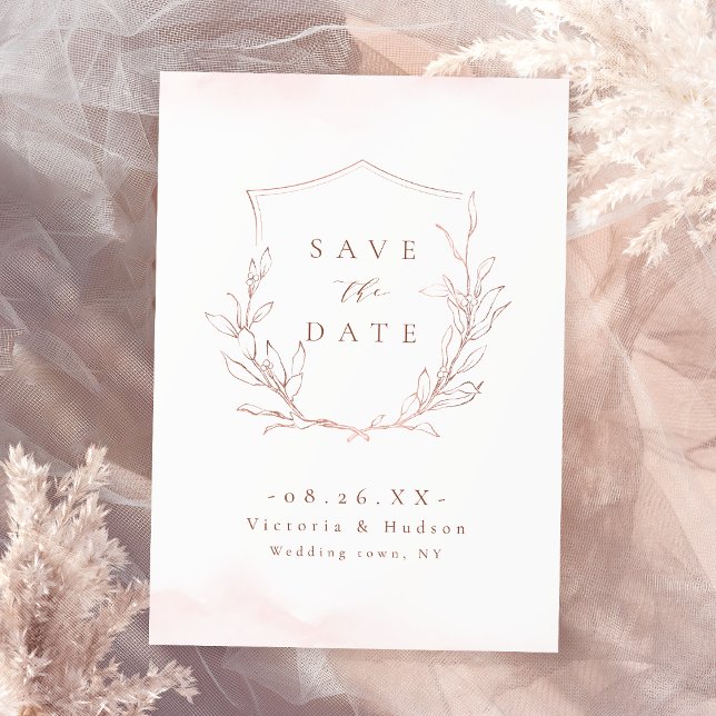 Rose gold simple elegance botanical crest wedding save the date (Rose gold simple elegance botanical crest wedding save the date)