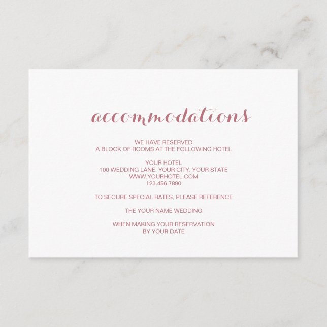 Rose Gold Simple Elegant Wedding Accommodation Enclosure Card (Front)