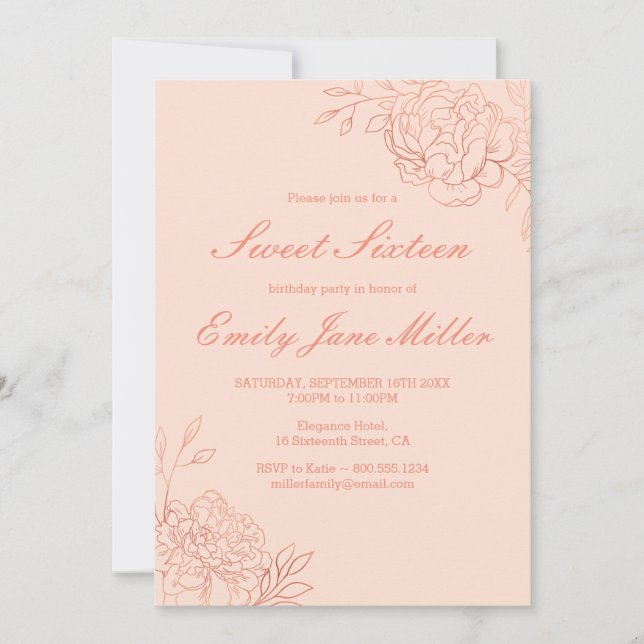 Rose Gold Sketched Flowers Pink Floral Sweet 16 Invitation (Front)