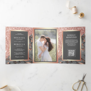 Rose Gold Slate Grey Marble QR Code Wedding Tri-Fold Invitation