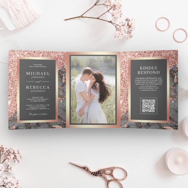 Rose Gold Slate Grey Marble QR Code Wedding Tri-Fold Invitation (Creator Uploaded)