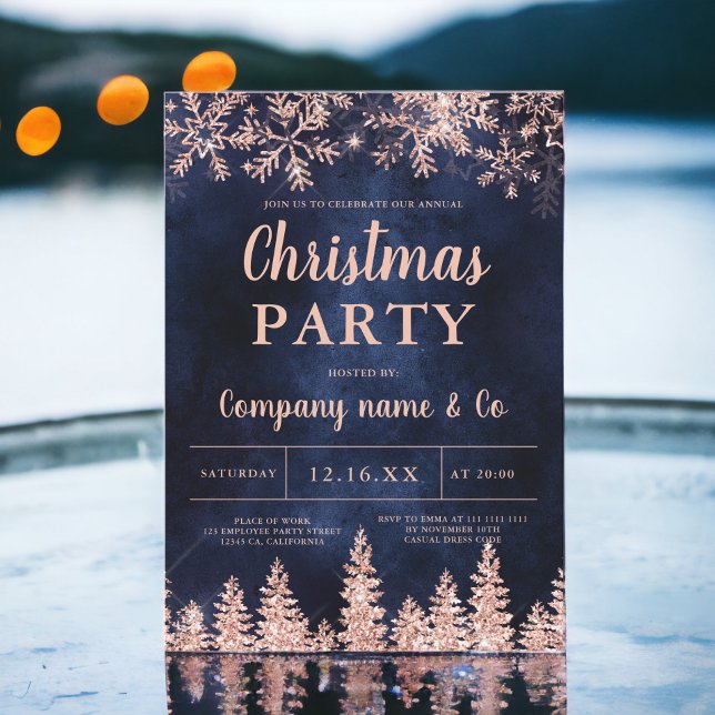 Rose gold snow pine navy corporate Christmas Invitation (Rose gold snow pine navy corporate Christmas Invitation)