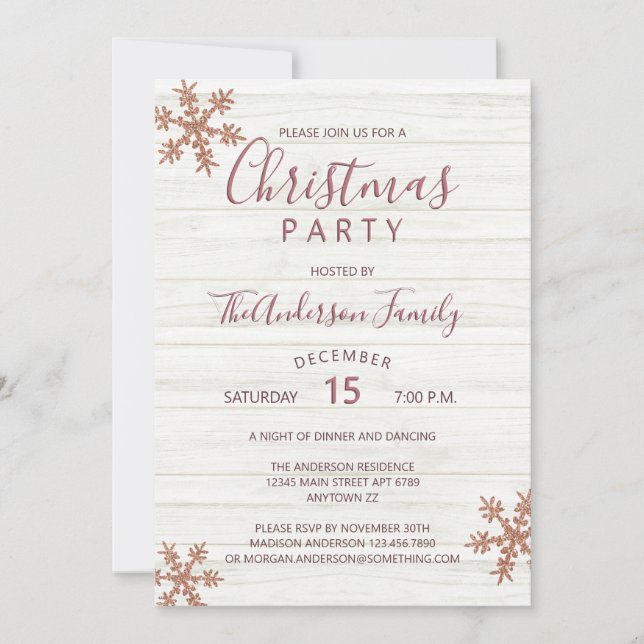 Rose Gold Snowflake Chic Modern Christmas Party (Front)