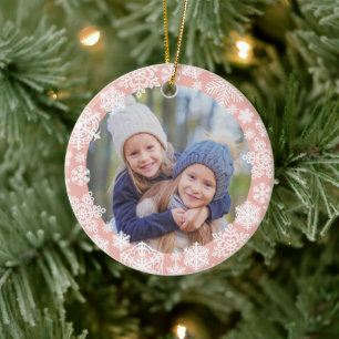 Rose Gold Snowflake Merry and Bright Photo Ceramic Tree Decoration