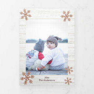 Rose Gold Snowflake Rustic Christmas 3 Photo Tri-Fold Holiday Card