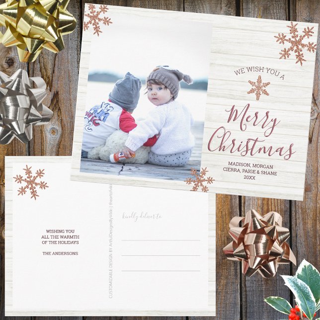 Rose Gold Snowflake Rustic Christmas Your Photo Postcard (Easy to make your own, these Christmas postcards make a fun alternative to traditional holiday cards)