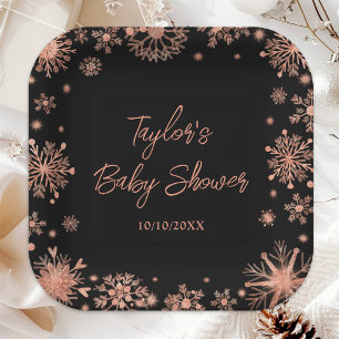 Rose Gold Snowflakes Baby Shower Paper Plate