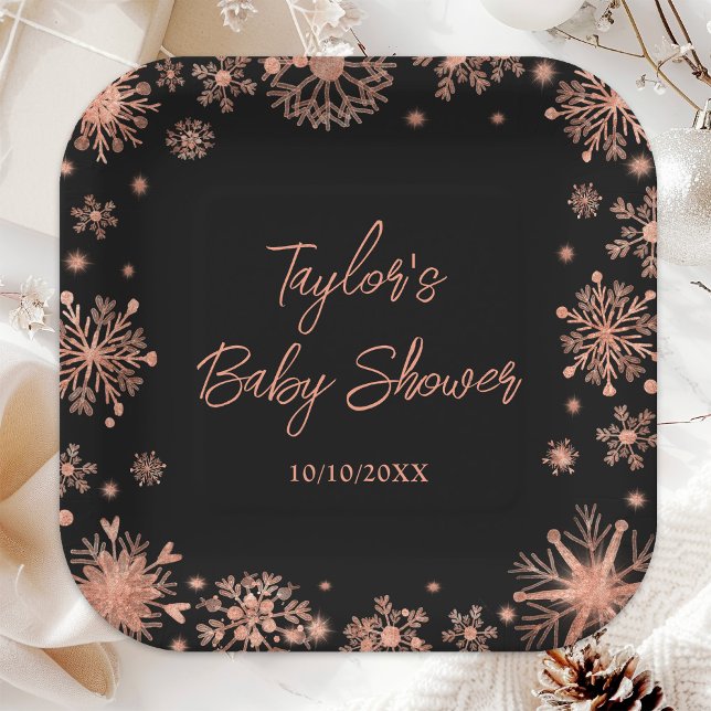 Rose Gold Snowflakes Baby Shower Paper Plate (Creator Uploaded)