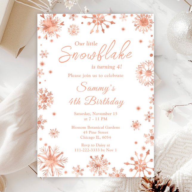 Rose Gold Snowflakes Birthday Party Invitation (Creator Uploaded)