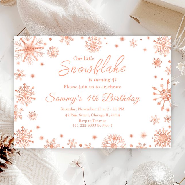 Rose Gold Snowflakes Birthday Party Invitation (Creator Uploaded)