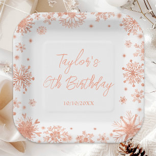 Rose Gold Snowflakes Birthday Party Paper Plate