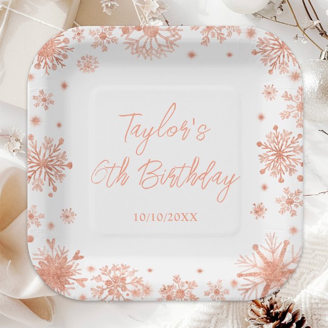 Rose Gold Snowflakes Birthday Party Paper Plate (Creator Uploaded)