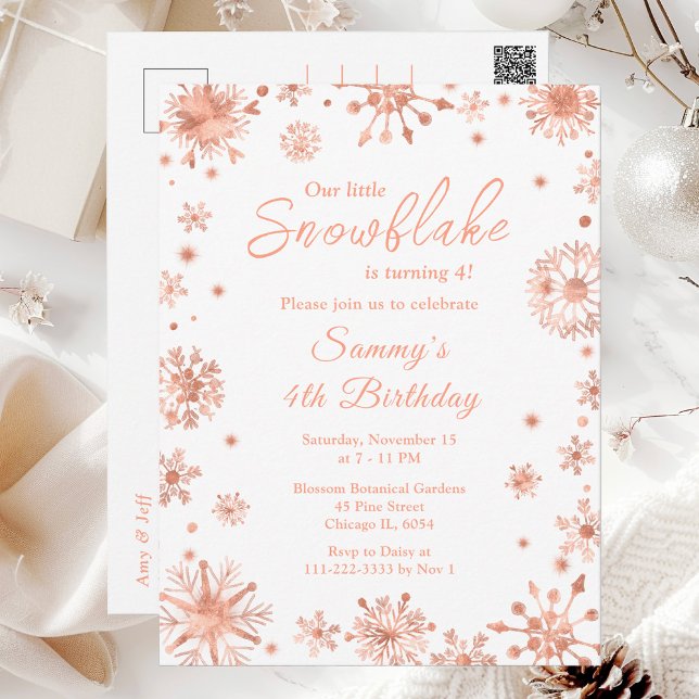 Rose Gold Snowflakes Birthday Party Postcard (Creator Uploaded)