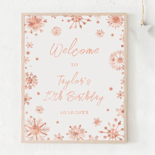 Rose Gold Snowflakes Birthday Party Welcome Poster