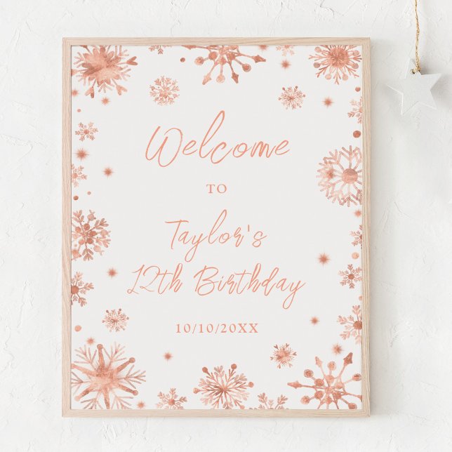 Rose Gold Snowflakes Birthday Party Welcome Poster (Creator Uploaded)