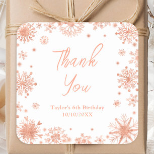 Rose Gold Snowflakes Birthday Thank You Square Sticker