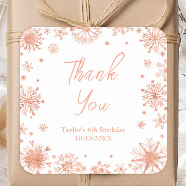 Rose Gold Snowflakes Birthday Thank You Square Sticker (Creator Uploaded)