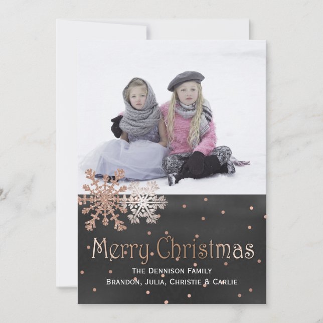 Rose Gold Snowflakes Christmas Photo Greeting Card (Front)