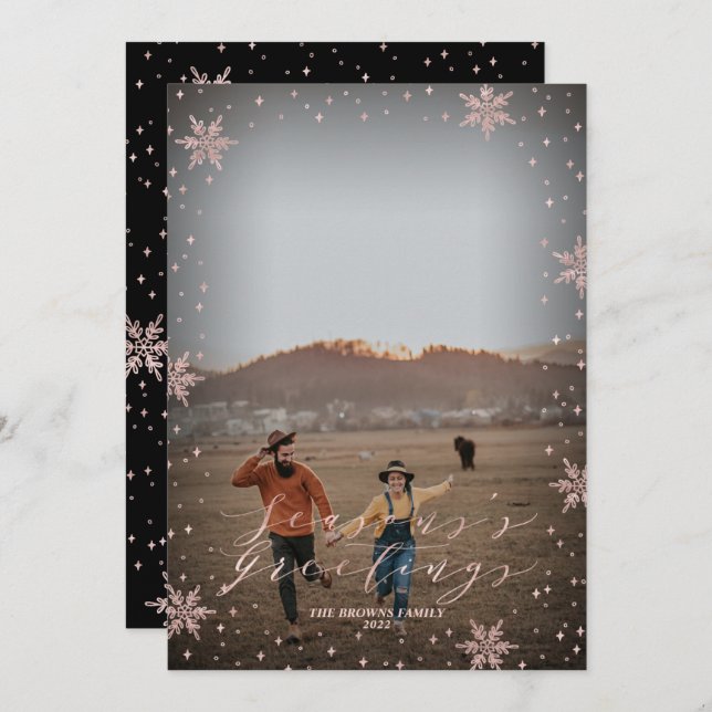 Rose Gold Snowflakes Holiday Photo Greeting Card (Front/Back)