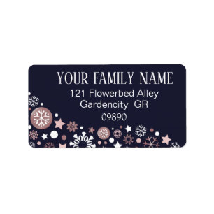 Rose Gold Snowflakes in Blue Winter Sky Label