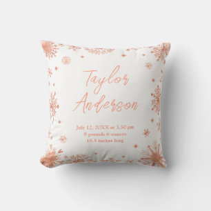Rose Gold Snowflakes on White Birth Stats Cushion