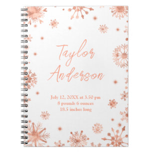 Rose Gold Snowflakes on White Birth Stats Notebook
