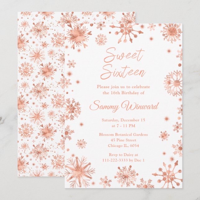 Rose Gold Snowflakes Sweet Sixteen Invitation (Front/Back)