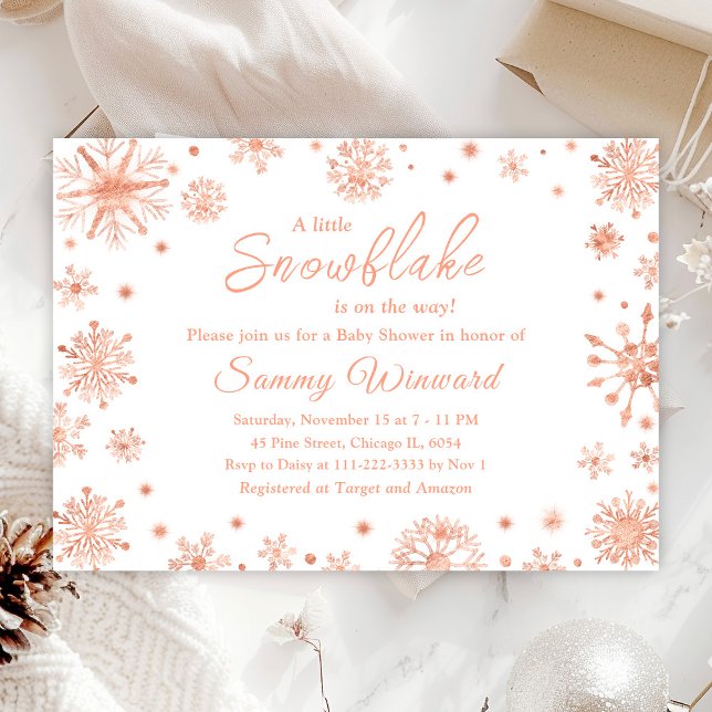 Rose Gold Snowflakes Winter Baby Shower Invitation (Creator Uploaded)