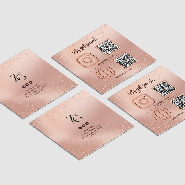 Rose Gold Social Media Sign With QR Code Square Business Card (Creator Uploaded)
