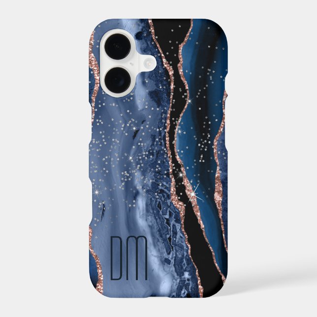 Rose Gold Sparkle Blue Abstract Monogram (Back)