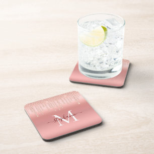 Rose Gold Sparkle Diamond Monogram Script Coaster
