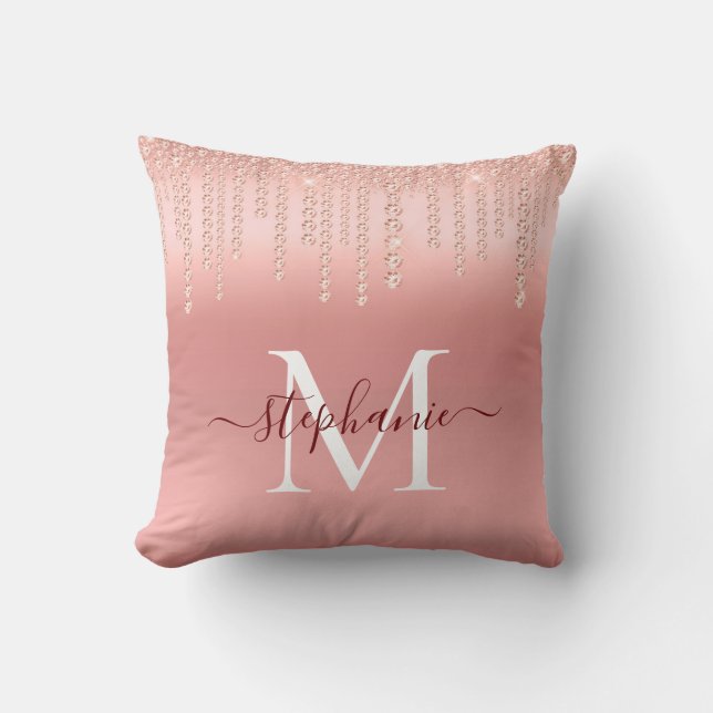 Rose Gold Sparkle Diamond Monogram Script Cushion (Front)
