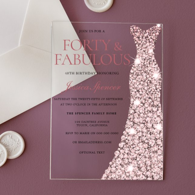 Rose Gold Sparkle Dress 40th Birthday Acrylic Invitations (Creator Uploaded)