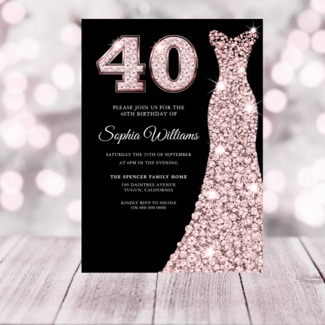Rose gold Sparkle Dress 40th Birthday Party Black Invitation (Creator Uploaded)